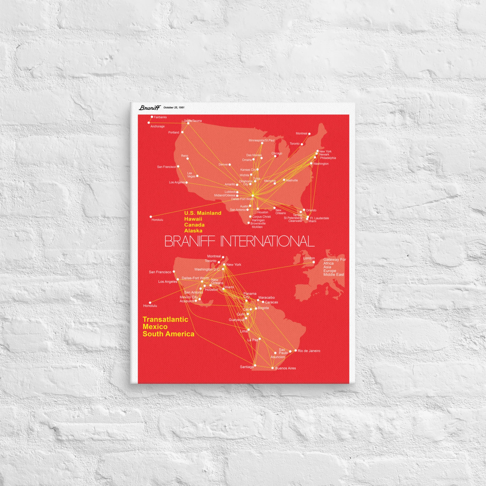 Braniff International October 1981 Airline Map Canvas - Image 5