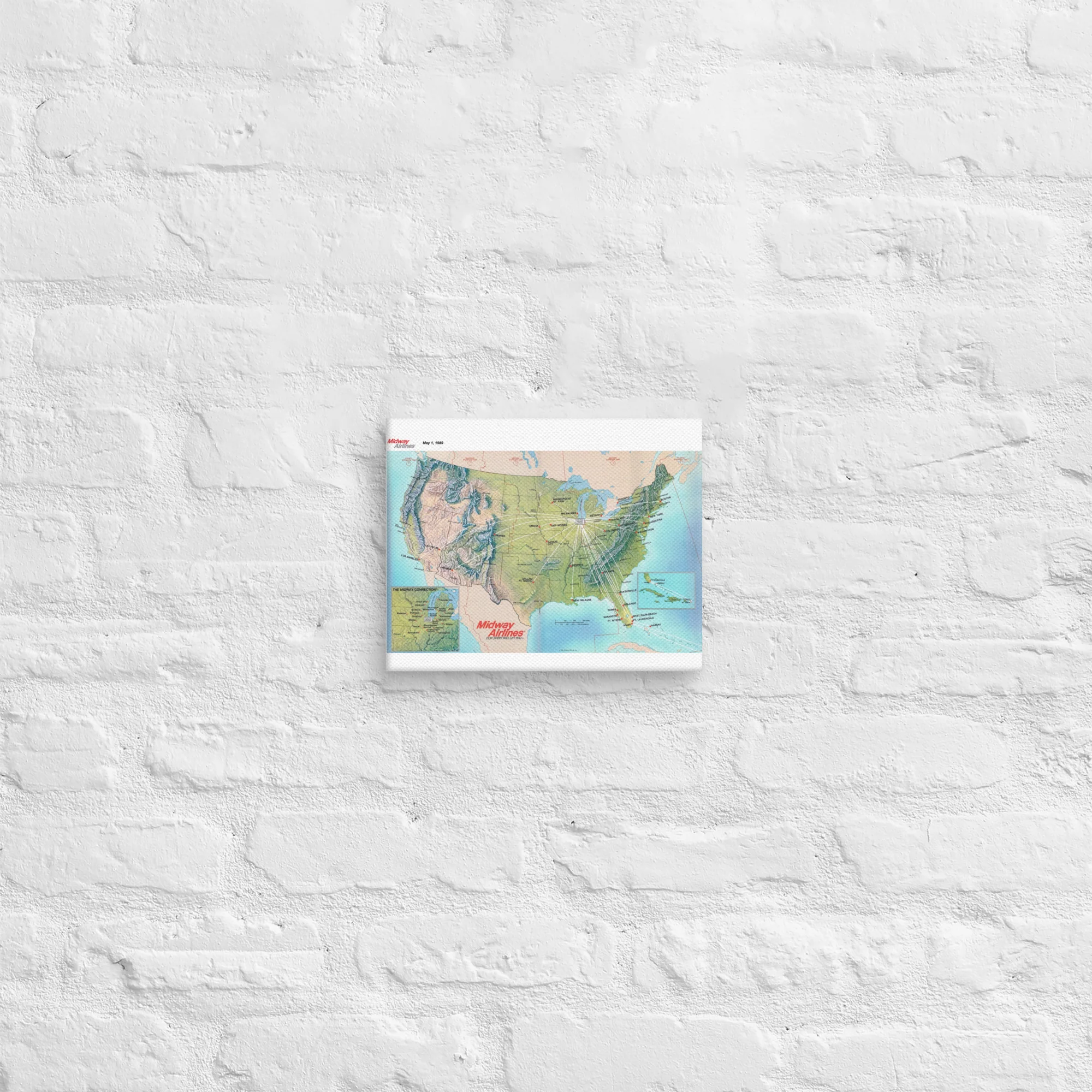 Midway Airlines May 1989 Airline Map Canvas - Image 2
