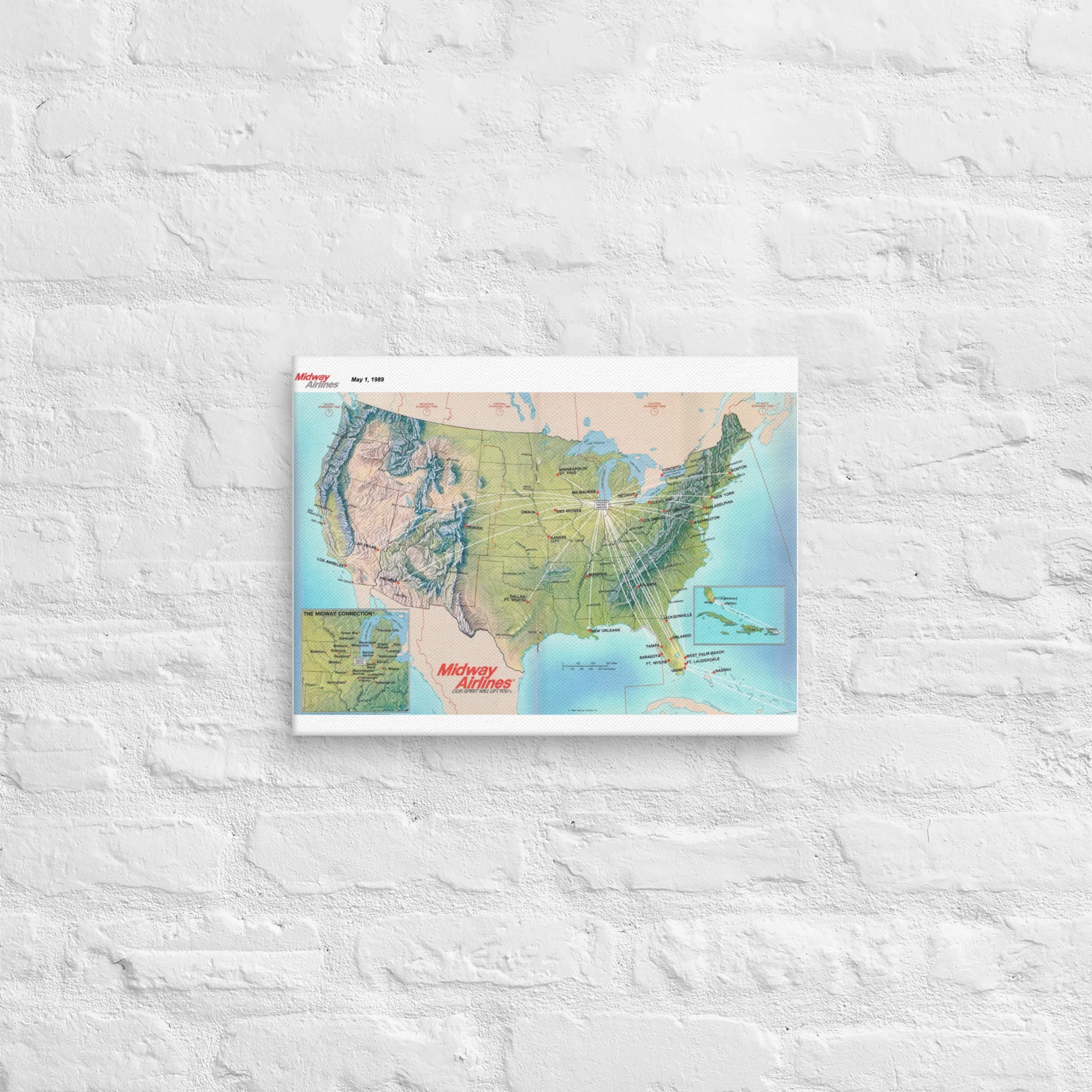 Midway Airlines May 1989 Airline Map Canvas - Image 3