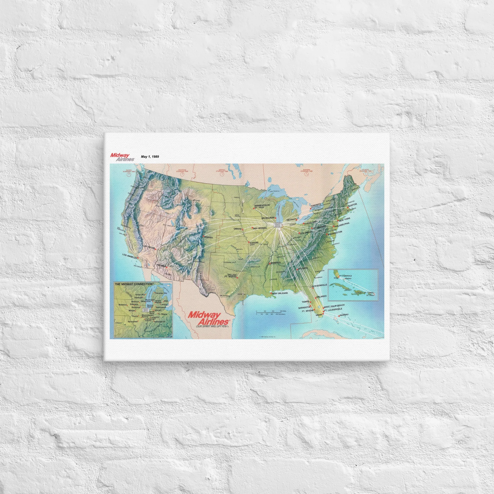 Midway Airlines May 1989 Airline Map Canvas - Image 4