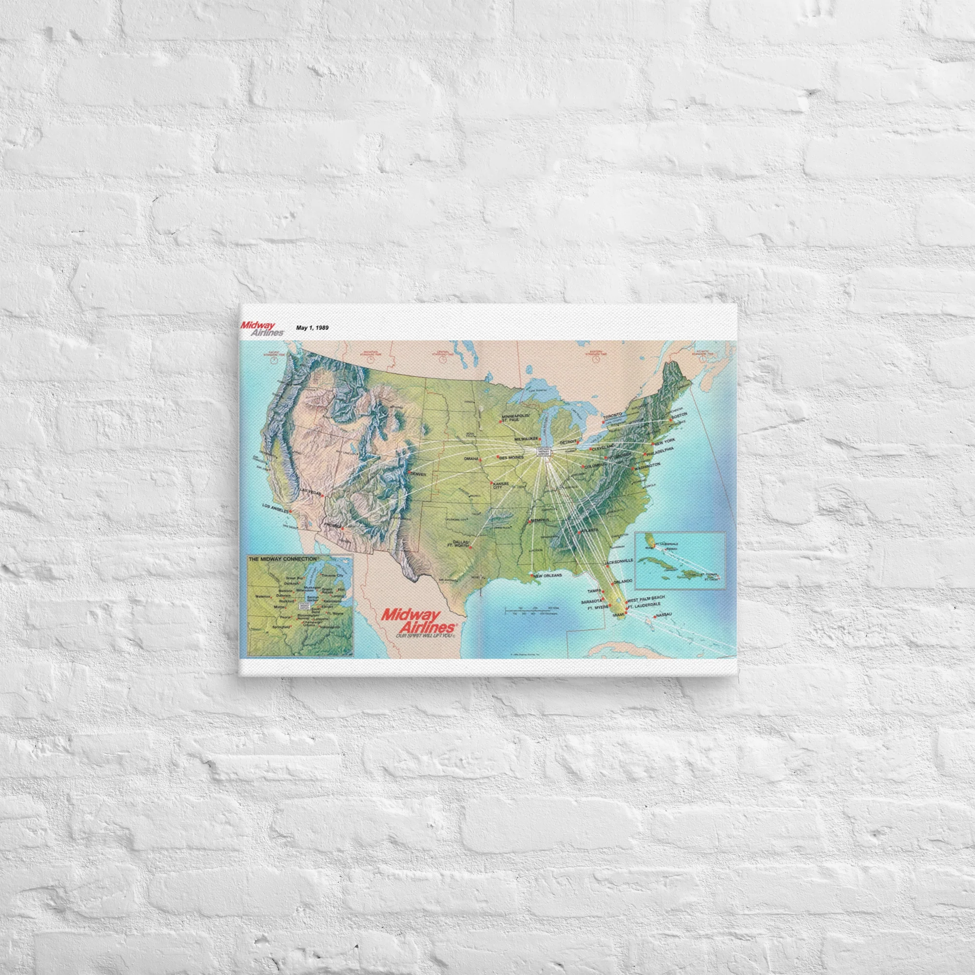Midway Airlines May 1989 Airline Map Canvas - Image 5