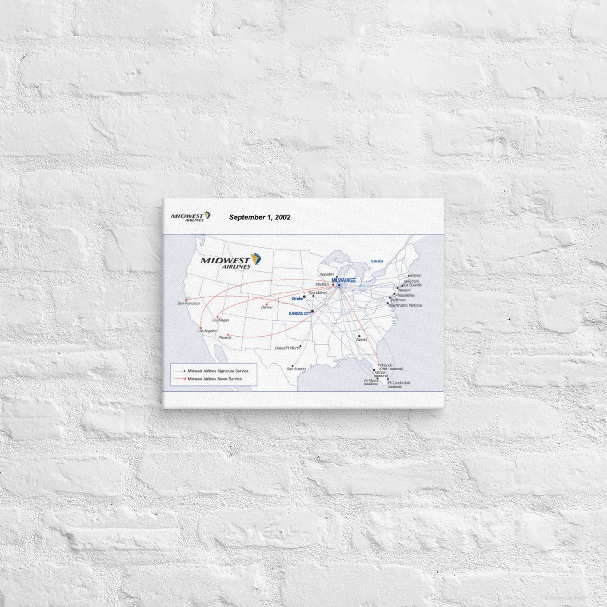 Midwest Airlines September 2002 Airline Map Canvas - Image 4
