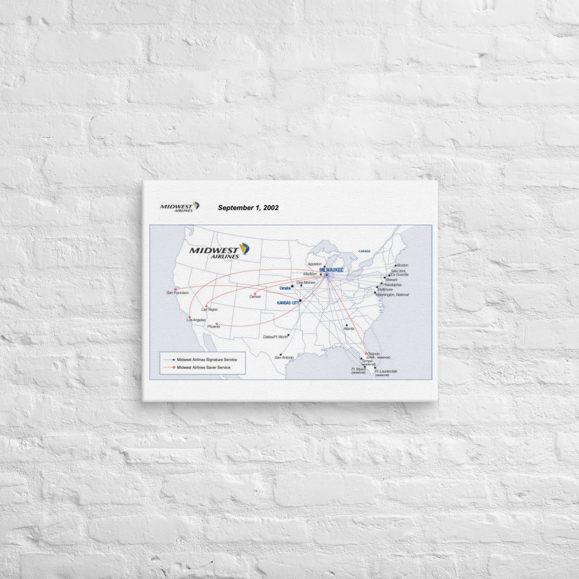 Midwest Airlines September 2002 Airline Map Canvas - Image 5
