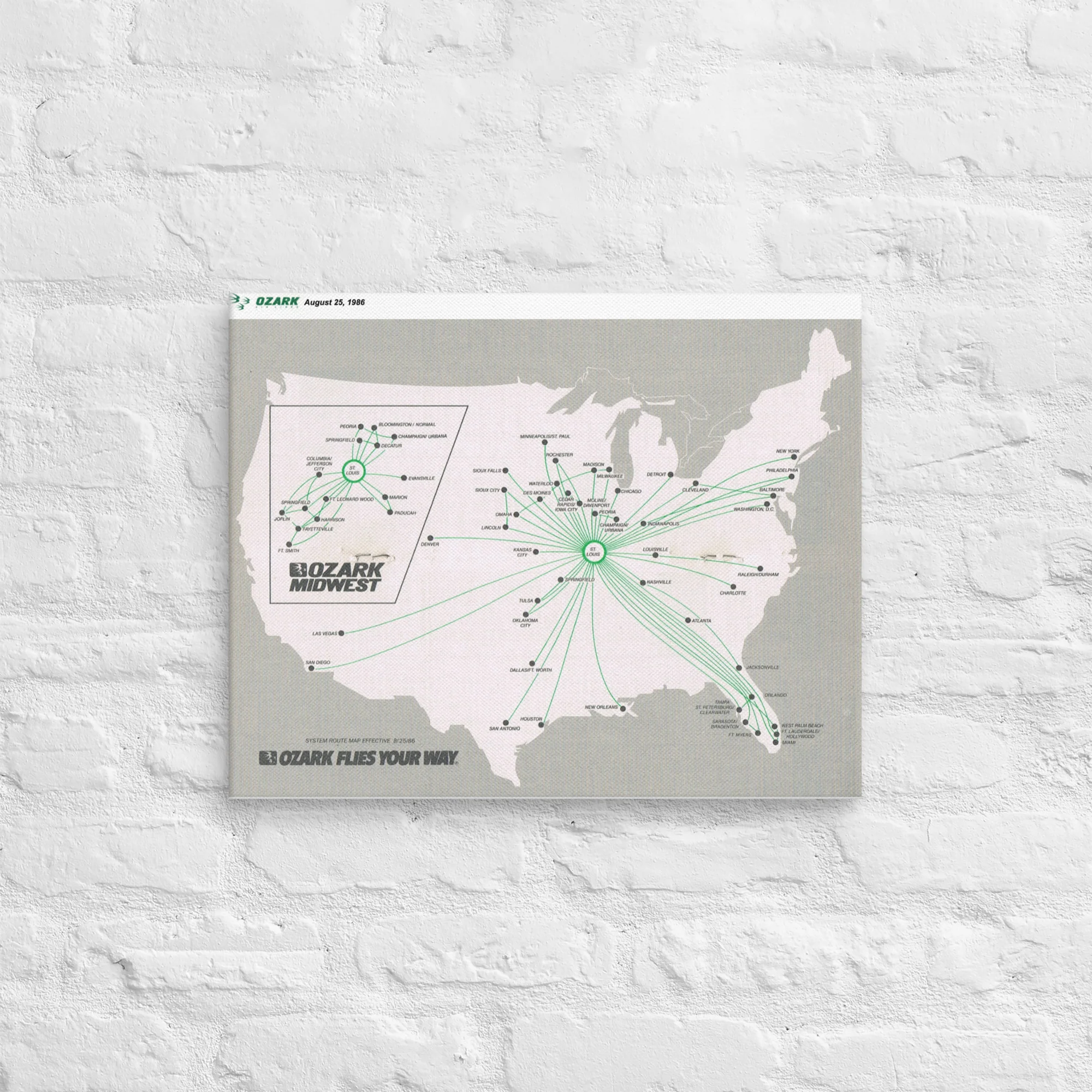 Ozark Air Lines August 1986 Airline Map Canvas