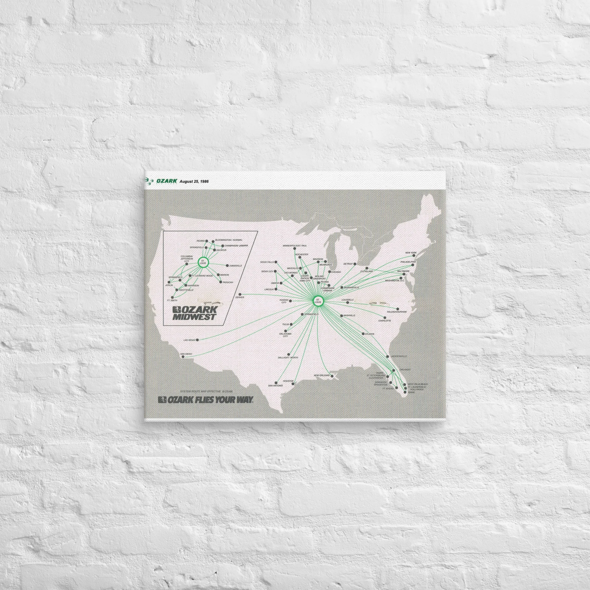 Ozark Air Lines August 1986 Airline Map Canvas - Image 2