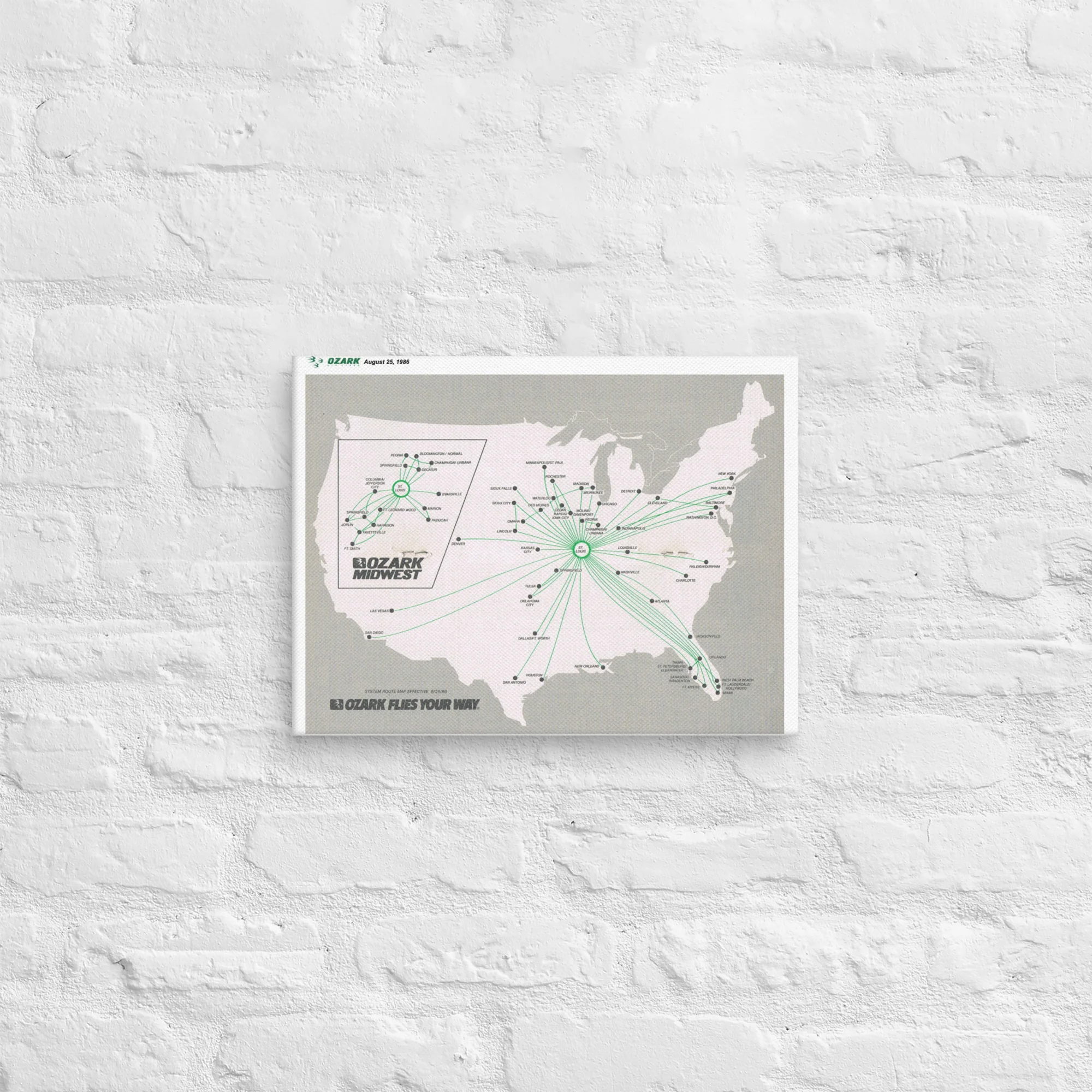 Ozark Air Lines August 1986 Airline Map Canvas - Image 4