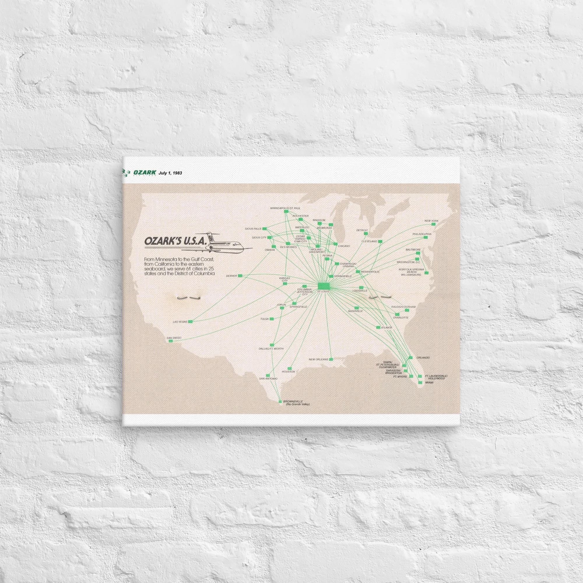 Ozark Air Lines July 1982 Airline Map Canvas