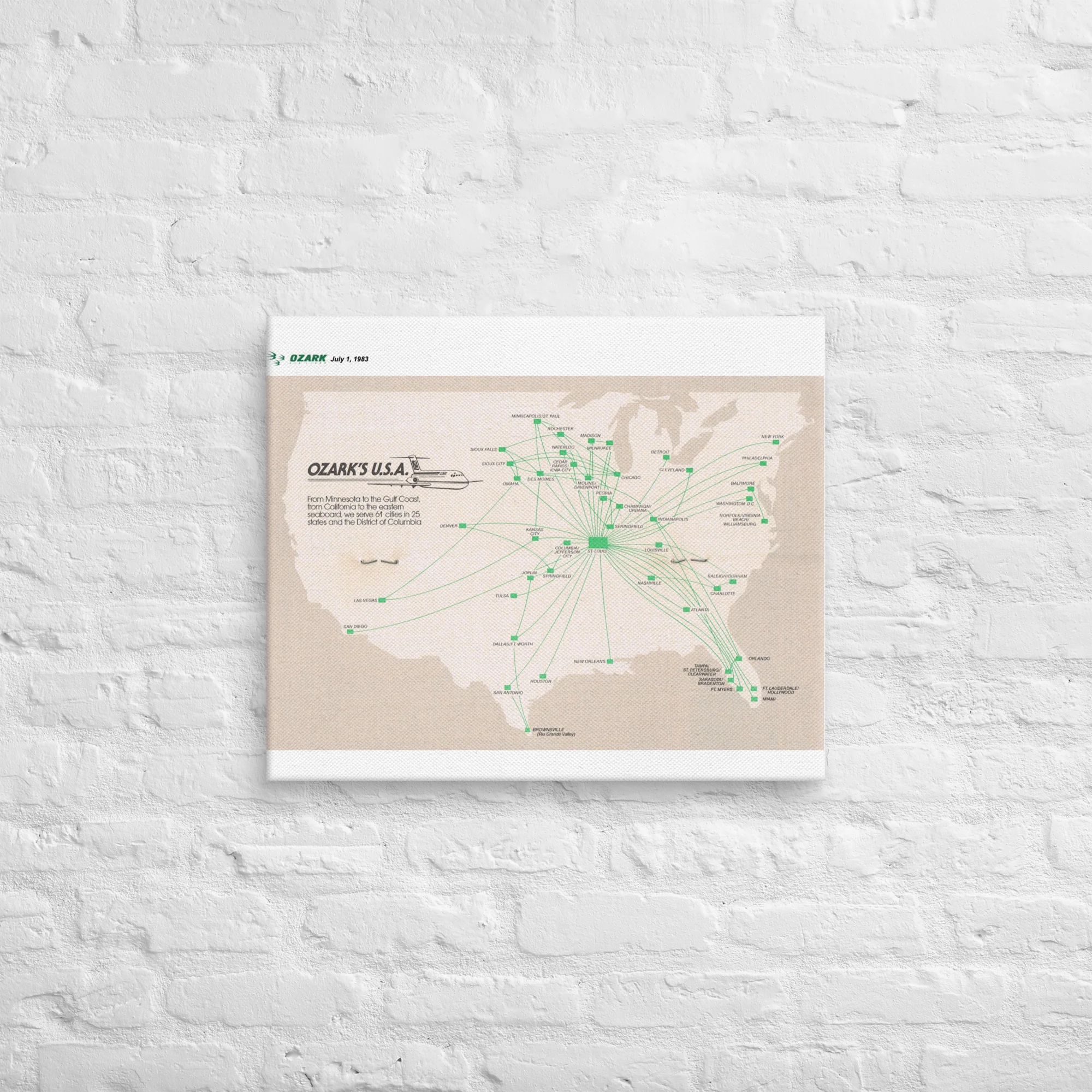 Ozark Air Lines July 1982 Airline Map Canvas - Image 2