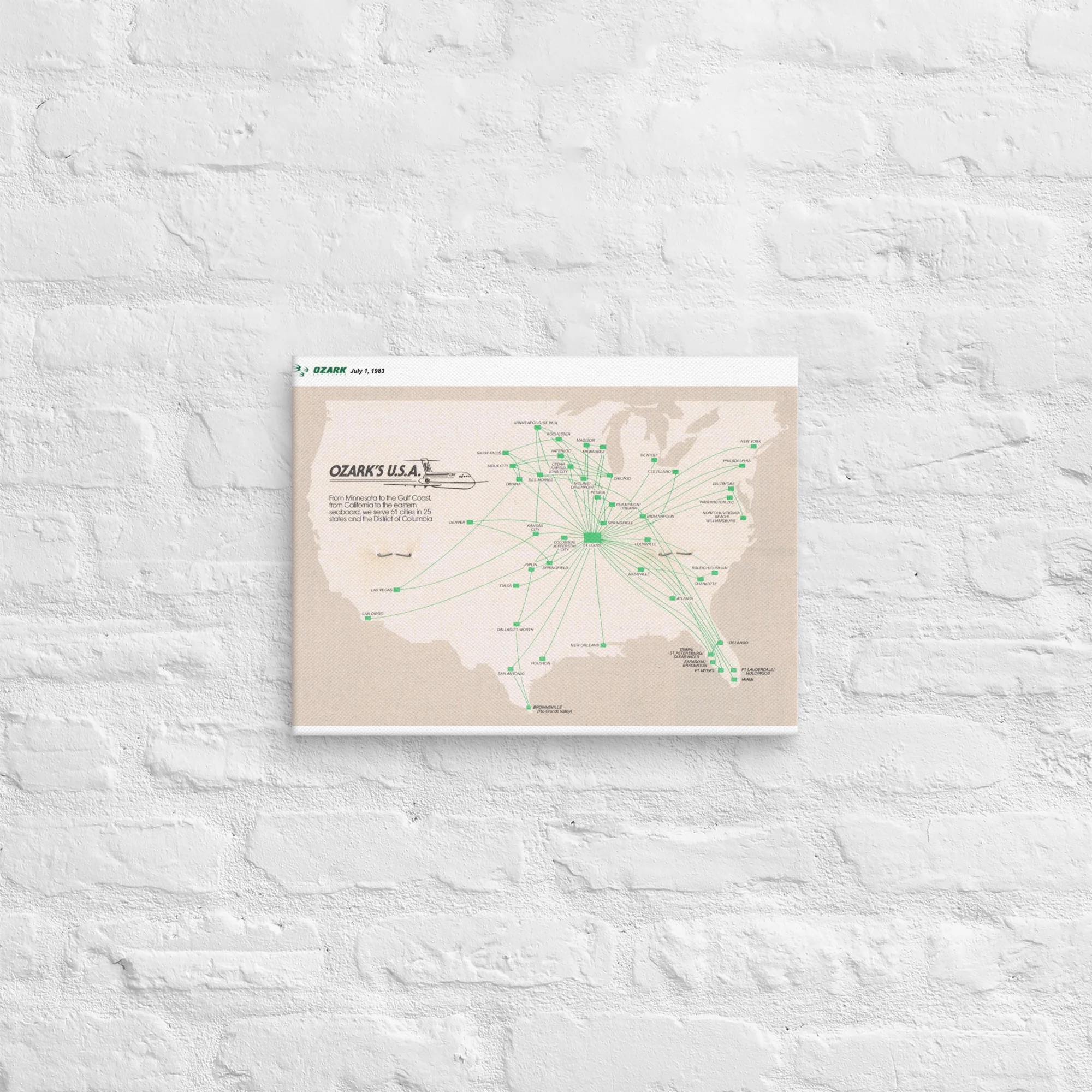 Ozark Air Lines July 1982 Airline Map Canvas - Image 4